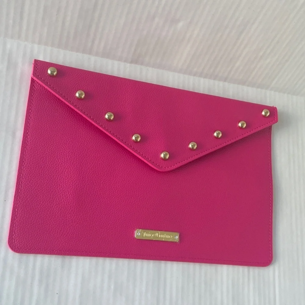 Juicy Couture Envelope Clutch Bag Bright Barbie Pink Gold Studs NWOT
